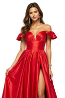 Load image into Gallery viewer, Red Off the Shoulder Satin A Line Maxi Prom Dress with Slit