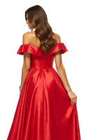 Load image into Gallery viewer, Red Off the Shoulder Satin A Line Maxi Prom Dress with Slit