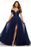 Load image into Gallery viewer, Navy A Line Off the Shoulder Maxi Prom Dress with Slit