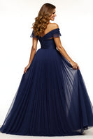 Load image into Gallery viewer, Navy A Line Off the Shoulder Maxi Prom Dress with Slit