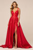 Load image into Gallery viewer, Red Satin A Line V-Neck Maxi Prom Dress with Slit