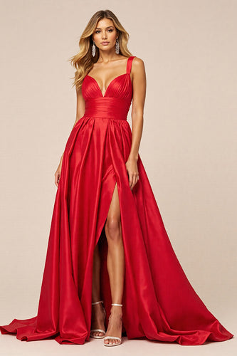 Red Satin A Line V-Neck Maxi Prom Dress with Slit