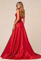 Load image into Gallery viewer, Red Satin A Line V-Neck Maxi Prom Dress with Slit