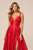 Load image into Gallery viewer, Red Satin A Line V-Neck Maxi Prom Dress with Slit