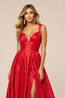 Load image into Gallery viewer, Red Satin A Line V-Neck Maxi Prom Dress with Slit
