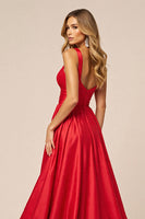 Load image into Gallery viewer, Red Satin A Line V-Neck Maxi Prom Dress with Slit