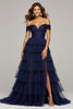Load image into Gallery viewer, Navy Tulle A Line Off the Shoulder Maxi Ruffled Prom Dress with Slit
