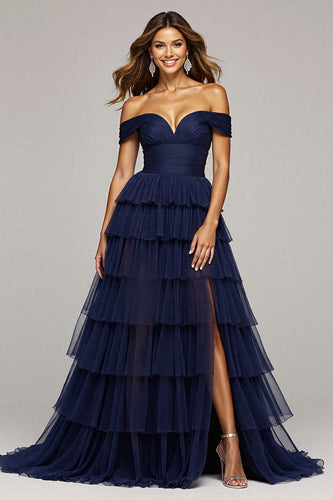 Navy Tulle A Line Off the Shoulder Maxi Ruffled Prom Dress with Slit
