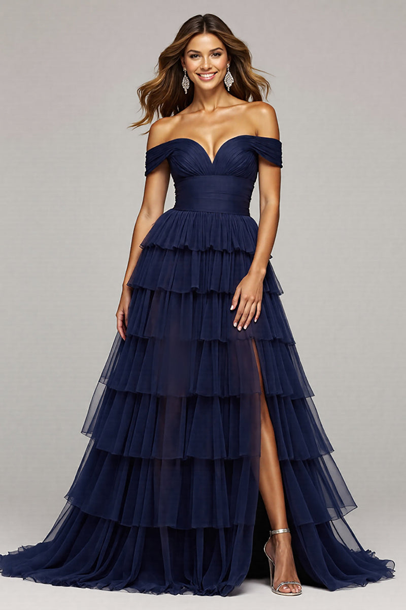 Load image into Gallery viewer, Navy Tulle A Line Off the Shoulder Maxi Ruffled Prom Dress with Slit