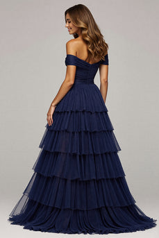 Navy Tulle A Line Off the Shoulder Maxi Ruffled Prom Dress with Slit