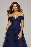 Load image into Gallery viewer, Navy Tulle A Line Off the Shoulder Maxi Ruffled Prom Dress with Slit