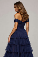 Load image into Gallery viewer, Navy Tulle A Line Off the Shoulder Maxi Ruffled Prom Dress with Slit