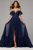 Load image into Gallery viewer, Navy Pleated A Line Off the Shoulder Maxi Prom Dress with Slit