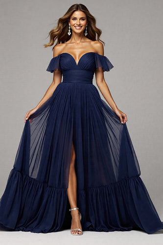 Navy Pleated A Line Off the Shoulder Maxi Prom Dress with Slit