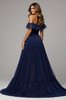 Load image into Gallery viewer, Navy Pleated A Line Off the Shoulder Maxi Prom Dress with Slit