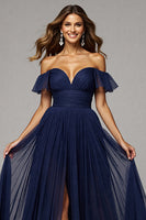 Load image into Gallery viewer, Navy Pleated A Line Off the Shoulder Maxi Prom Dress with Slit
