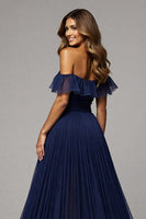 Load image into Gallery viewer, Navy Pleated A Line Off the Shoulder Maxi Prom Dress with Slit