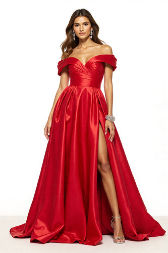 A Line Red Satin Off the Shoulder Maxi Prom Dress with Slit