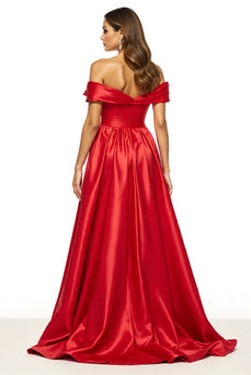 A Line Red Satin Off the Shoulder Maxi Prom Dress with Slit
