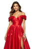 Load image into Gallery viewer, A Line Red Satin Off the Shoulder Maxi Prom Dress with Slit