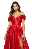 Load image into Gallery viewer, A Line Red Satin Off the Shoulder Maxi Prom Dress with Slit