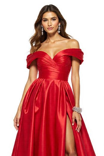 A Line Red Satin Off the Shoulder Maxi Prom Dress with Slit