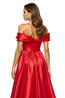 Load image into Gallery viewer, A Line Red Satin Off the Shoulder Maxi Prom Dress with Slit