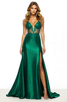 Load image into Gallery viewer, Dark Green V-Neck Appliqued Sheath Maxi Prom Dress with Slit