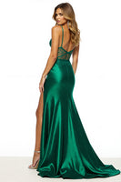 Load image into Gallery viewer, Dark Green V-Neck Appliqued Sheath Maxi Prom Dress with Slit