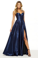 Load image into Gallery viewer, Navy Satin A Line Spaghetti Straps Maxi Prom Dress with Slit