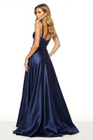 Load image into Gallery viewer, Navy Satin A Line Spaghetti Straps Maxi Prom Dress with Slit