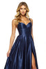 Load image into Gallery viewer, Navy Satin A Line Spaghetti Straps Maxi Prom Dress with Slit