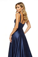 Load image into Gallery viewer, Navy Satin A Line Spaghetti Straps Maxi Prom Dress with Slit