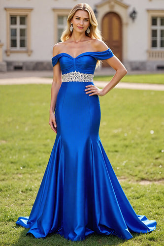 Sparkly Royal Blue Mermaid Maxi Prom Dress with Beading
