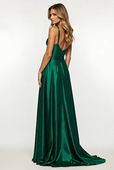 Dark Green V-Neck Satin Maxi A Line Prom Dress with Slit