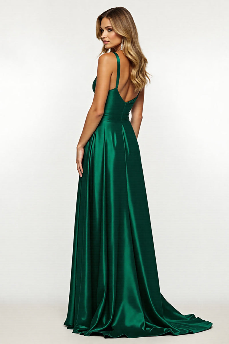 Load image into Gallery viewer, Dark Green V-Neck Satin Maxi A Line Prom Dress with Slit