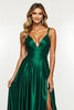 Load image into Gallery viewer, Dark Green V-Neck Satin Maxi A Line Prom Dress with Slit