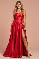 Load image into Gallery viewer, Red A Line Satin Maxi Strapless Prom Dress with Slit