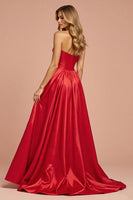 Load image into Gallery viewer, Red A Line Satin Maxi Strapless Prom Dress with Slit