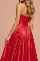 Load image into Gallery viewer, Red A Line Satin Maxi Strapless Prom Dress with Slit