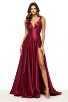 Load image into Gallery viewer, Satin Burgundy V-Neck A Line Maxi Prom Dress with Slit