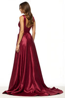 Load image into Gallery viewer, Satin Burgundy V-Neck A Line Maxi Prom Dress with Slit