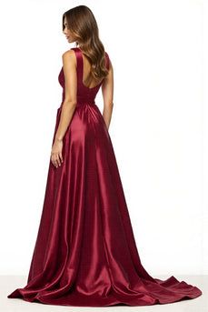 Satin Burgundy V-Neck A Line Maxi Prom Dress with Slit