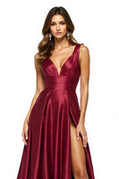 Load image into Gallery viewer, Satin Burgundy V-Neck A Line Maxi Prom Dress with Slit