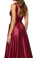 Load image into Gallery viewer, Satin Burgundy V-Neck A Line Maxi Prom Dress with Slit