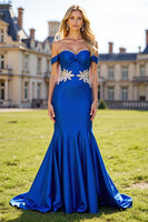 Load image into Gallery viewer, Sparkly Royal Blue Off the Shoulder Maxi Floral Prom Dress with Beading