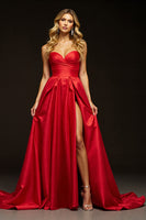 Load image into Gallery viewer, Red Sweetheart A Line Maxi Satin Prom Dress with Slit