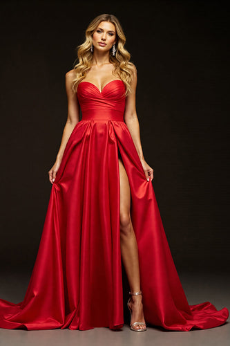 Red Sweetheart A Line Maxi Satin Prom Dress with Slit