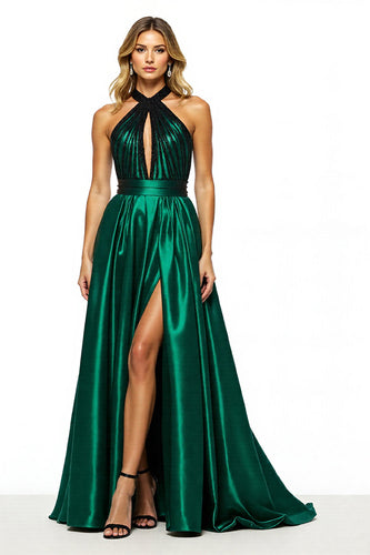 Dark Green Satin Keyhole A Line Halter Maxi Prom Dress with Slit