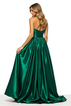 Dark Green Satin Keyhole A Line Halter Maxi Prom Dress with Slit